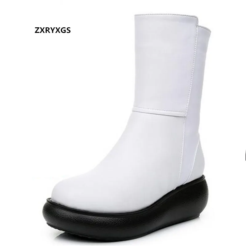 

2022 New Top Cowhide Spring Autumn Leather Boots Platform Wedges White Black Mid-tube Martin Boots Winter Warm Shoes Woman Boots