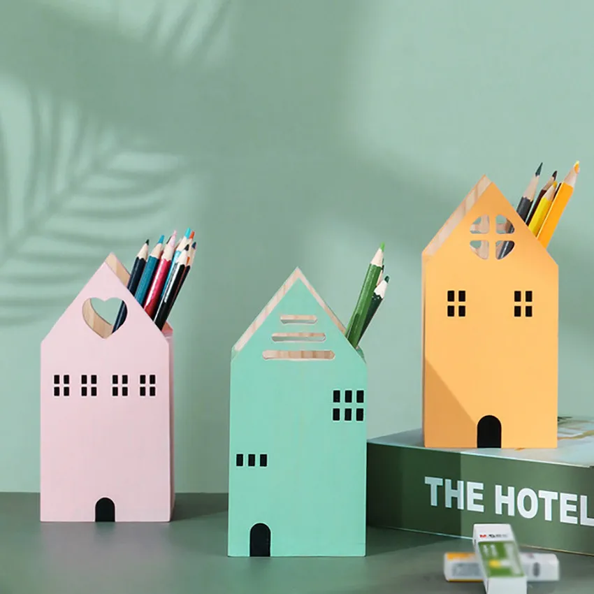 

1Pc Creative House Pen Holders Wooden Desk Pencil Holder, Makeup Tools Storage Box Office Study Stationery Organizer Container