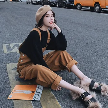 

New Women Fashion Casual Sweater Set Yellow Denim Jumpsuits Pants Two Piece Suits Female Ins 2019 Autumn Knitted Costumes