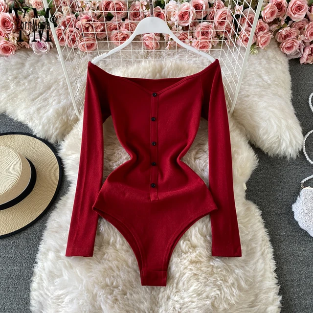 YornMona Sexy Off Shoulder Bodysuits Women Casual Long Sleeve