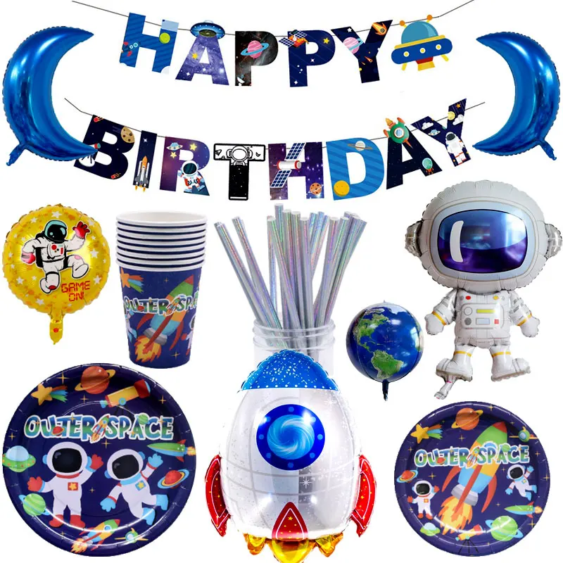 New space theme party astronaut rocket ship aluminum foil balloon Galaxy / sun plate paper cup straws birthday theme party