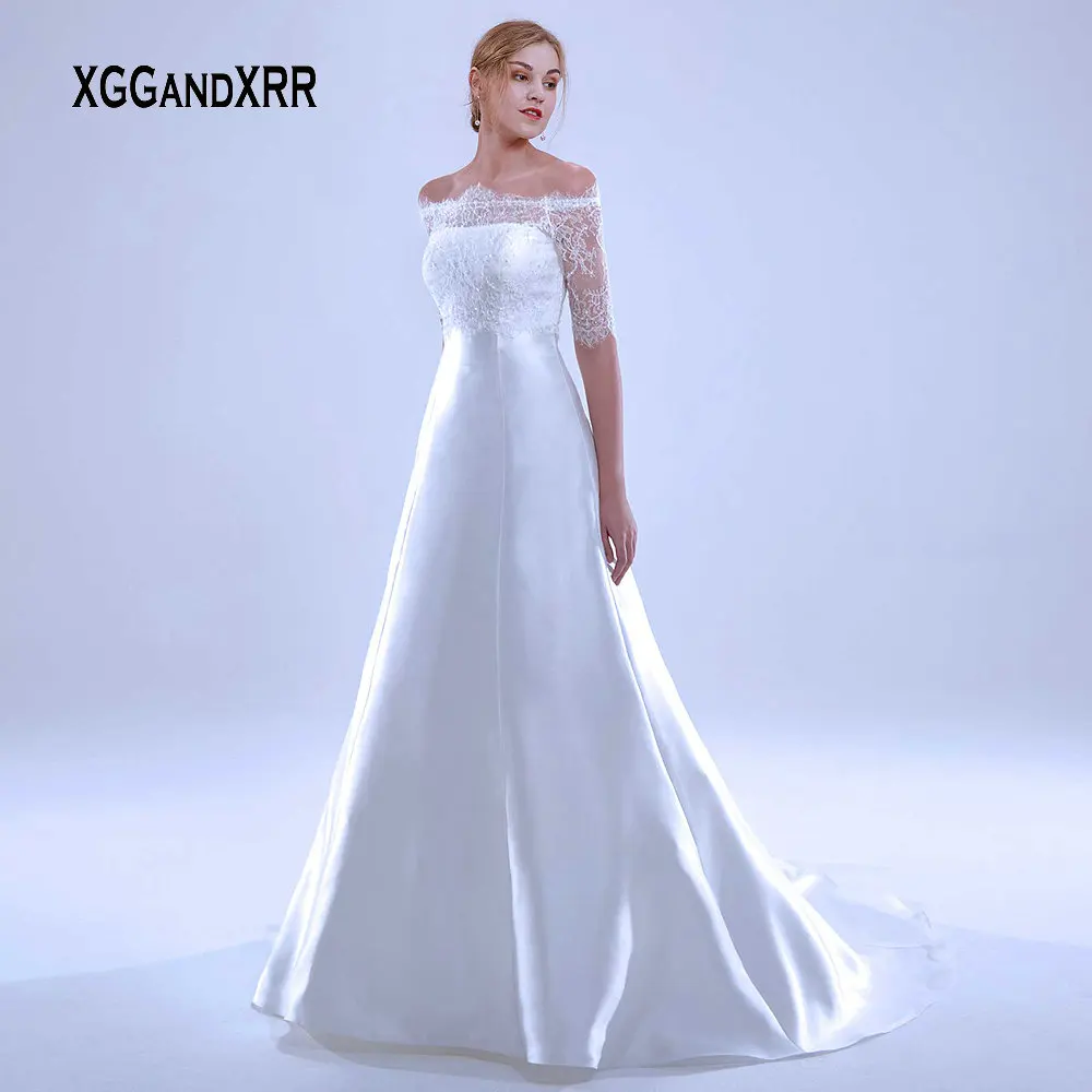 Элегантное атласное свадебное платье без бретелек трапециевидной формы, простое свадебное платье с кружевами, длинное белое свадебное платье с пуговицами