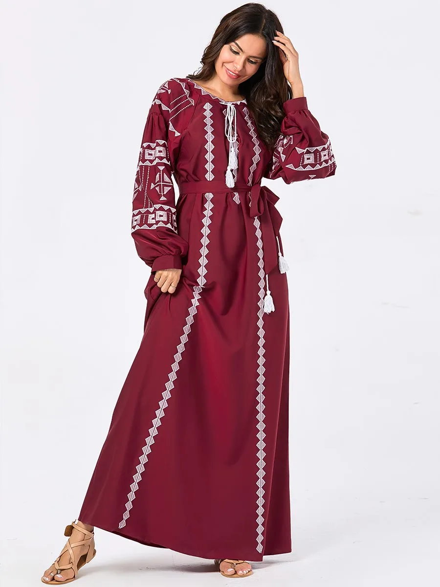 BNSQ большой размер костюм Макси платье вышитое с длинными рукавами элегантное мусульманское темно-синее abaya халат арабский осенний бандаж
