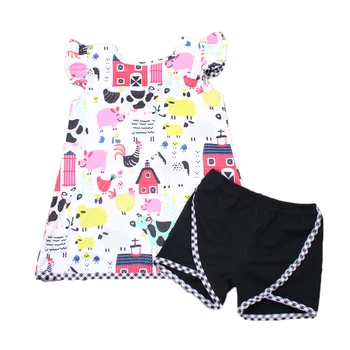 

Baby girl new styles vestidos happy farm cartoon pattern with boe shirt and black plaid shorts fashion girls ropa