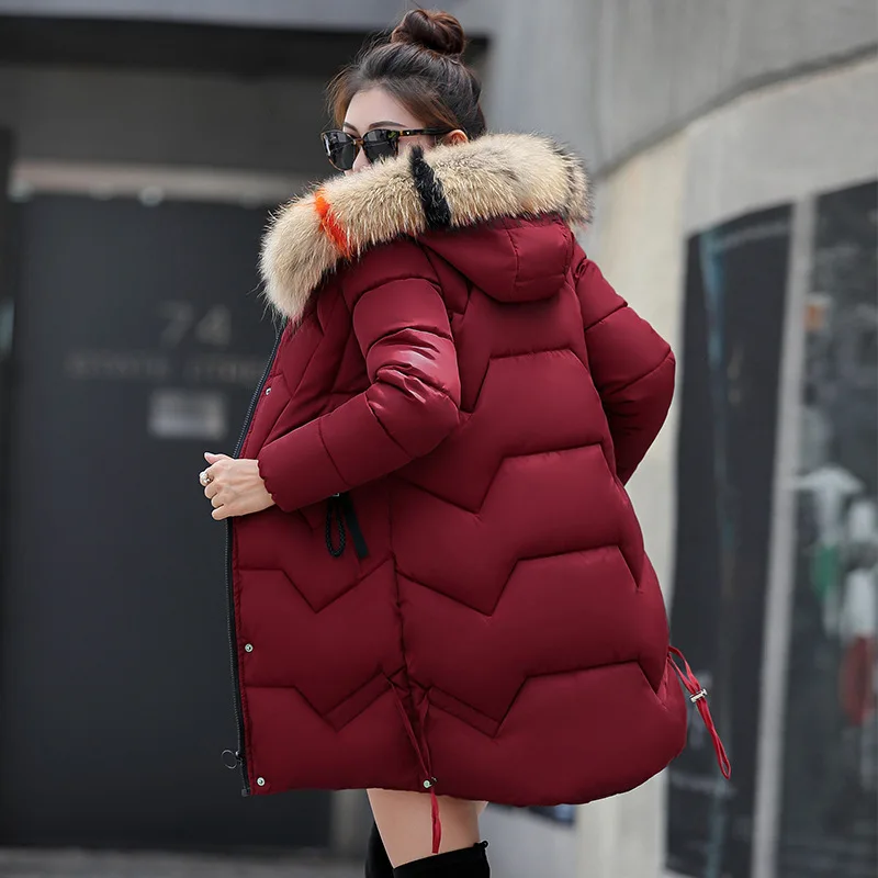 Пальто, куртка с капюшоном, зимняя куртка, женские парки, новинка, Женская куртка с меховым воротником, верхняя одежда для женщин размера плюс, зимние пальто - Color: red wine