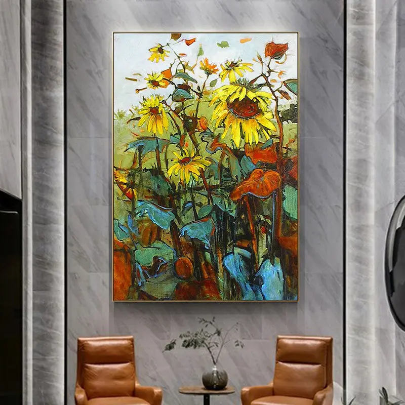 

R&GART 100% Handpainted Sunflower Oil Painting On Canvas Art Oil Painting Gift Home Decor Living Room Wall Adornment Picture
