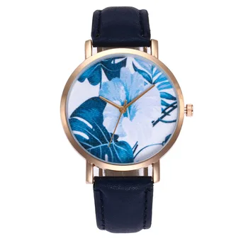 

Casual Ladies Quartz Watch Mens Black Leather Strap Simple Plant Pattern Gold Alloy Dial Watches Women Clocks Couple Wristwatch