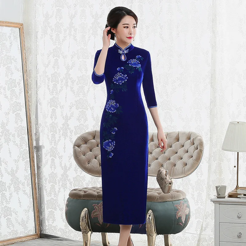 Женское бархатное платье Cheongsam Seven зимнее с длинными рукавами и подиумом 2019 |