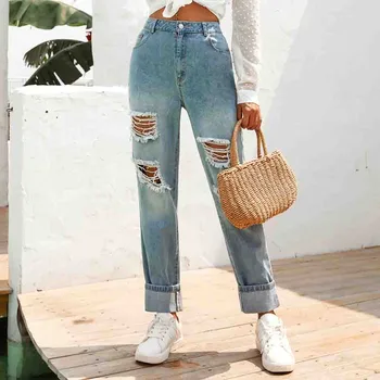 

2020 Hot ripped jeans for women Slim-Fit Denim Zipper Jeans Trousers Loose Pants ropa mujer verano Drop Shopping W4