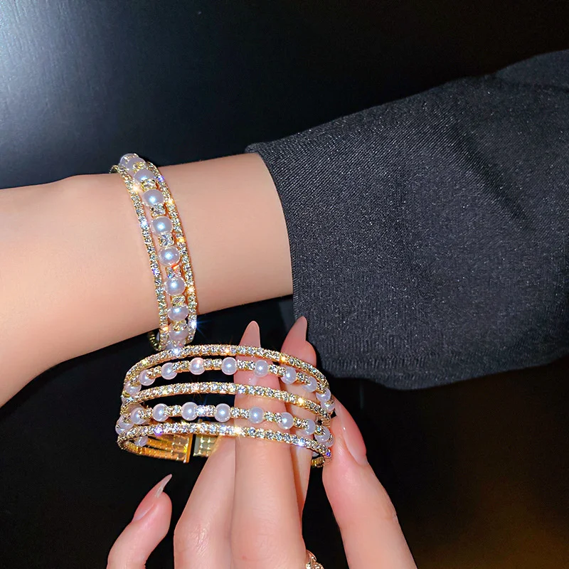 FYUAN Geometric Multilayer Rhinestones Bracelet & Bangles For Women Pearl Cuff Bracelets Weddings Jewelry bangle bracelet
