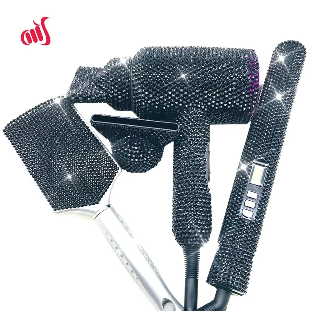 Black Кристалл волос горячие инструменты Bling ярко-розовый КВАРЦЕВЫЙ Выпрямитель волос Алмазный электробигуди набор кристальная щетка для волос Бутик - Цвет: Black
