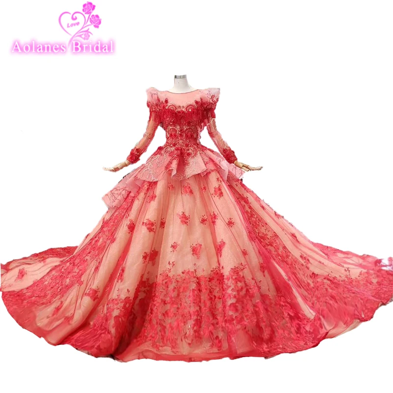 Puffy Bridal Princess Lace Wedding Dress Red Crystals Luxury Dubai Brides Ball Gown Robe De Mariee Arabic Bridal Dresses