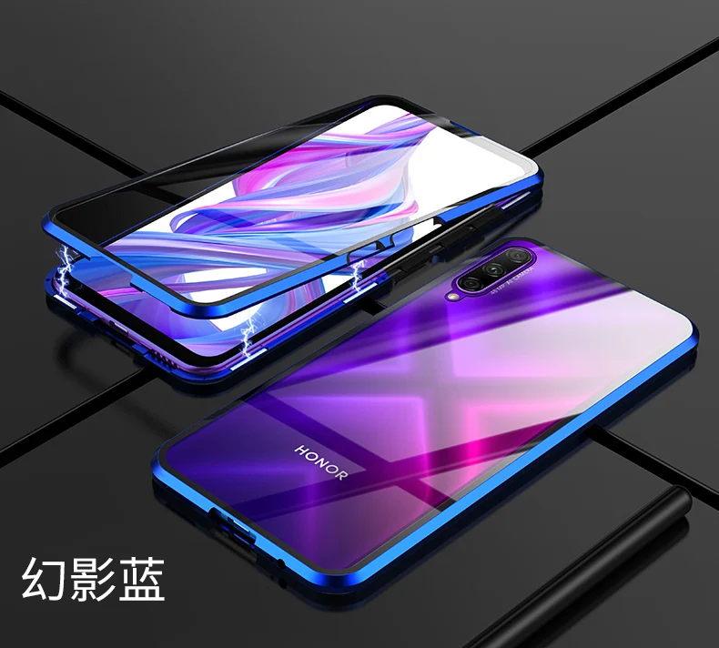 Чехол для huawei Honor 9x, двойной, полный, передний, задний, из закаленного стекла, металлический, магнитный, прозрачный, для Honor 9x20 Pro, чехол, Coque Funda - Цвет: blue