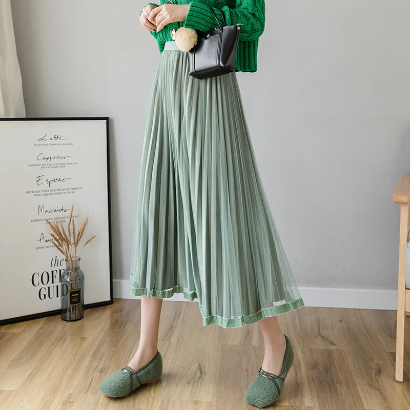 

2019 Autumn And Winter New Style Korean-style Sweet Pleated Mesh Skirt Skirt The Girls' Middle School Long Skirts Big Skirt Wome