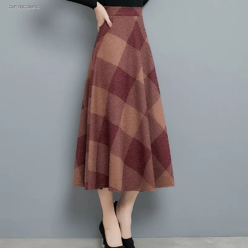 

M-4XL Vintage Printed Woolen Women Maxi Skirt Winter 2019 High Waist Ladies Wool Plus Size Skirt Female
