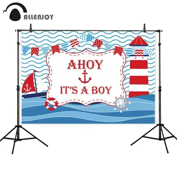 

Allenjoy Boy Newborn Background Cloth Flags Lighthouse Sailboat Anchor Lifebuoy Ocean Wave Wall Decor Baby Shower Party Supplies