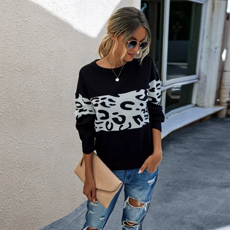

Loose Knitted Sweater Women Jumpers Casual Long Sleeve Pullovers Sweaters Autumn Leopard Sweater
