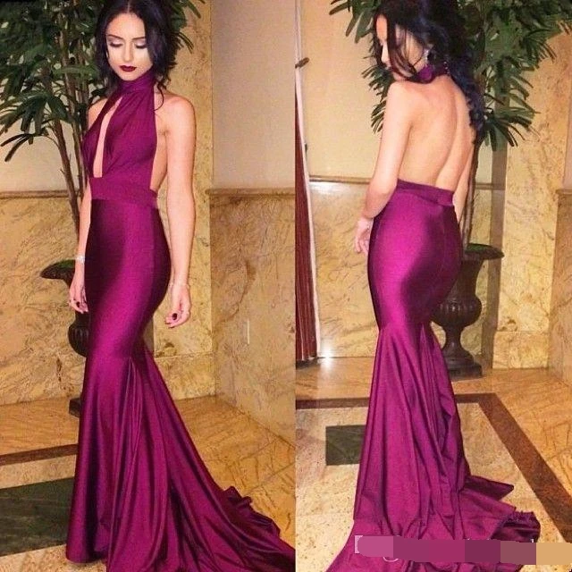 

robe de soiree abiye Simple Purple Evening Prom Dresses 2019 Halter Neck Open Back Floor Length Vestidos de festa Evening dress
