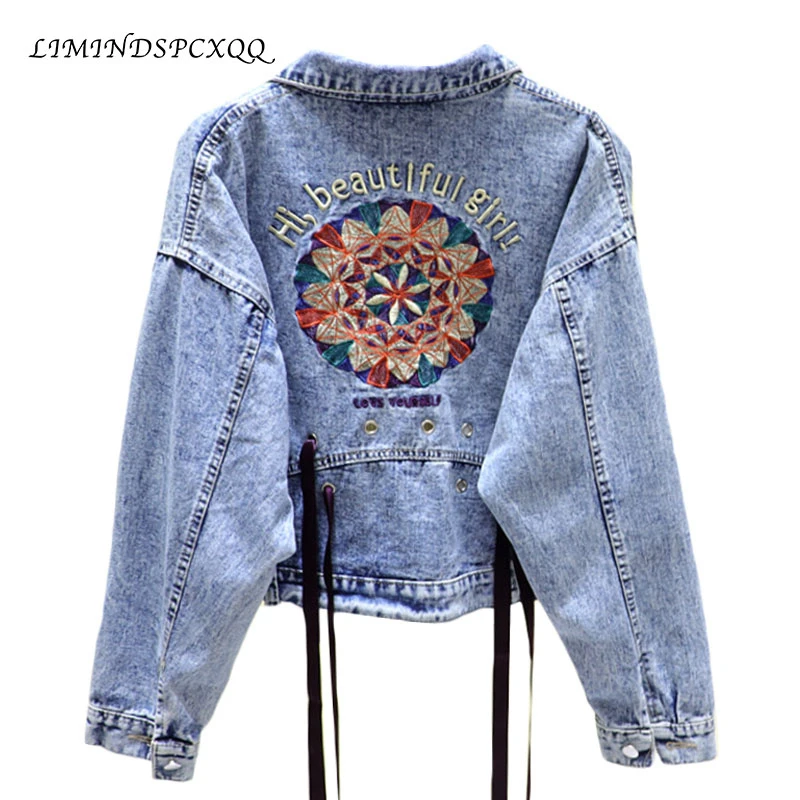 

Embroidery Denim Jacket Women 2021 Spring Jean Coat Bandage Patchwork Bf Style Jeans Coats And Jackets Women Jeans Jacket