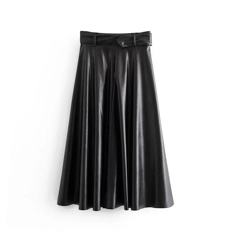 Элегантная длинная юбка с высокой талией Женская плиссированная юбка Уличная корейская мода пояс черные юбки из искусственной кожи Зима