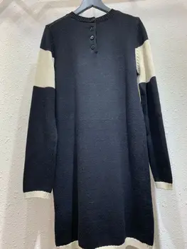 

Brand Design New Autumn Black White Color Contrast Cuff Hollowing Out Letter Back Button Loose Versatile Women Dress Wool D1