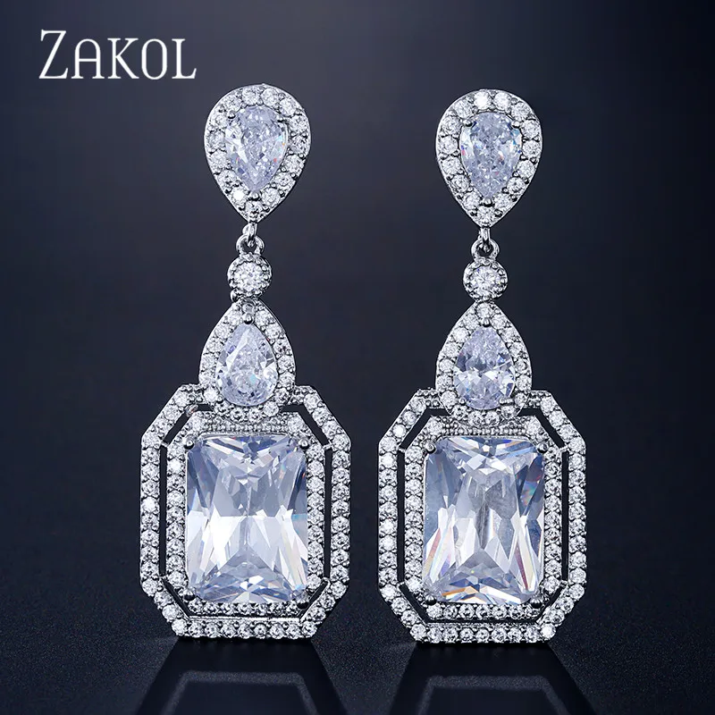 White ZAKOL белое золото цвет большой квадратный CZ циркония свадебные Висячие серьги для женщин невесты обручальные ювелирные изделия FSEP2321 - Окраска металла: White