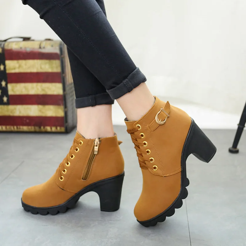 New Winter Women Platform High Heels Ankle Boots Women Boots Buckle Shoes Thick Heel Short Martin snow Boots Ladies mujer T090