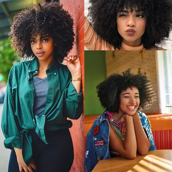

Short Black Human Hair Toupee For Women Wild-curl Up All Hand Tied Small Volume Naturl Color High Quality