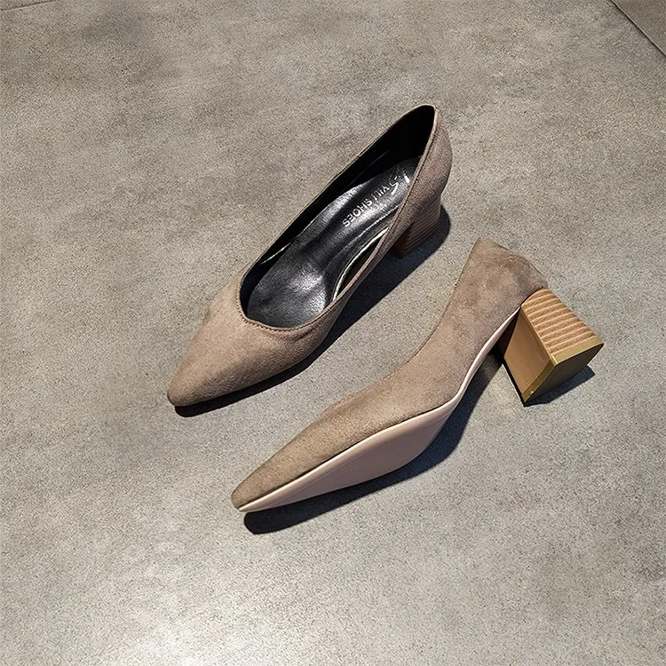 

EOEODOIT Women Mid Chunky Heel Shoes Pointed Toe Slip On Office Lady Work Shoes Flock Pumps For Spring Autumn