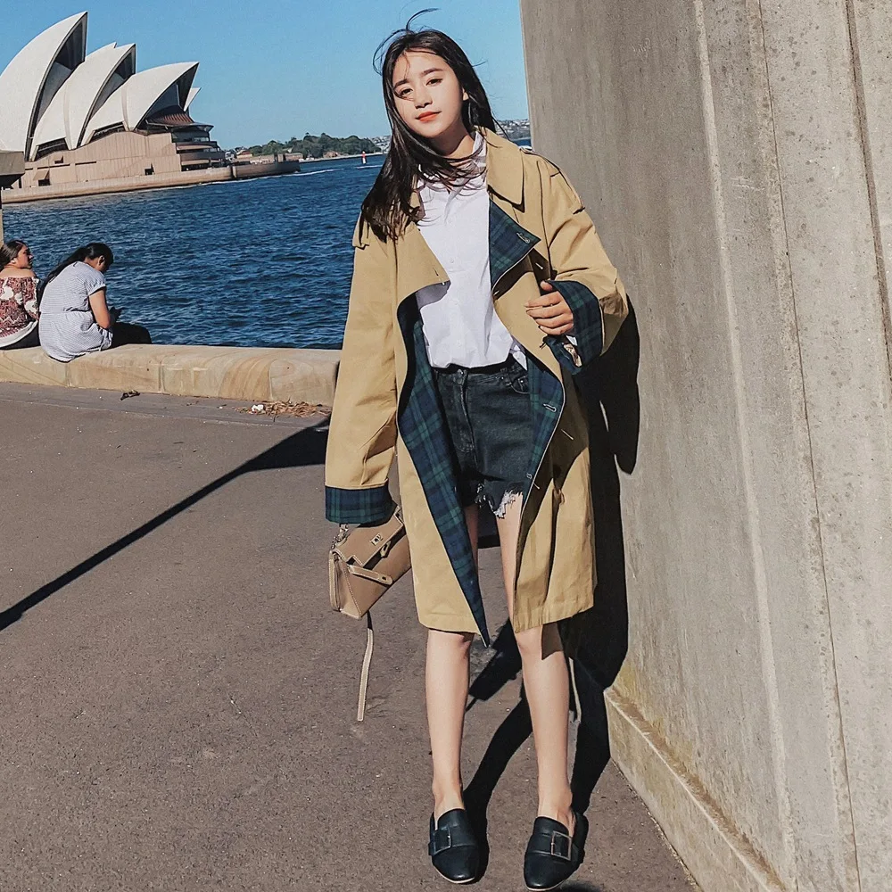 

Photo Shoot 2019 Autumn New Style Korean-style WOMEN'S Wear-Style Retro CHIC Wind Mid-length Plaid Stitching Trench Coat