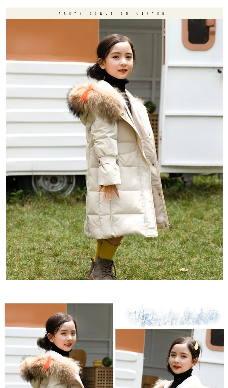 Зимняя парка для девочек-30 градусов пуховое пальто с меховым воротником и капюшоном детская теплая верхняя одежда Детские пуховые пальто для девочек от 6 до 14 лет