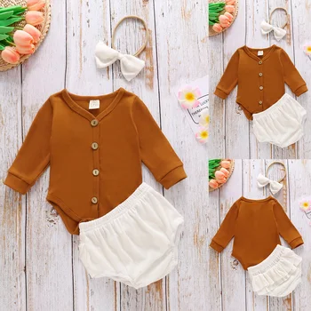 

OQC Baby Girls Cotton Outfits Sets 3PCS Headband+White Short+Long Sleeve V-Neck Top 2020 New Infant Summer Comfort Suit D30