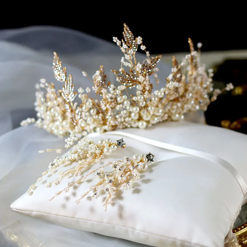 

New Luxury Jewelry Set Handmade Pearl Super Fairy Crown Headdress Earrings Bride Wedding Accessories Beads Jewelry Set Exqusite