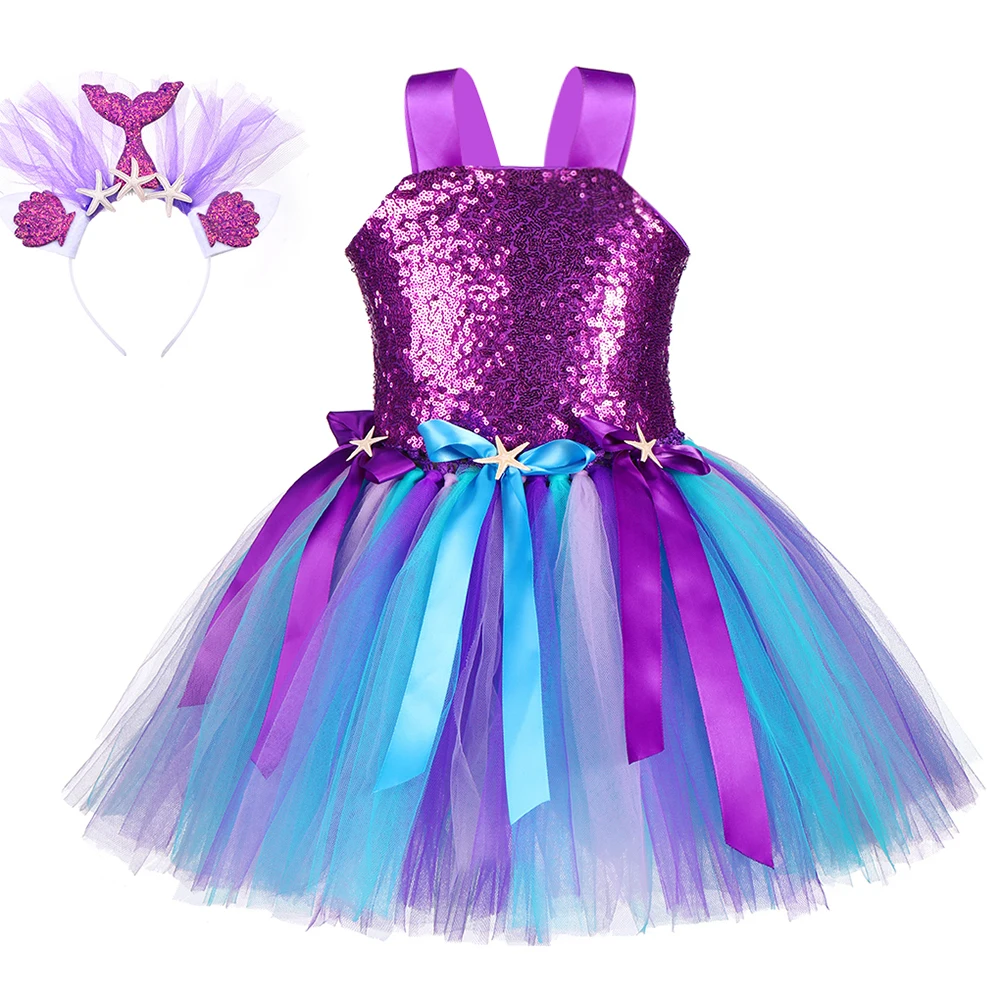 Фиолетово-синяя юбка-пачка в стиле Русалочки с блестками, платье с рисунком морской звезды, платье принцессы для девочек, костюм для вечеринки на Хэллоуин, день рождения