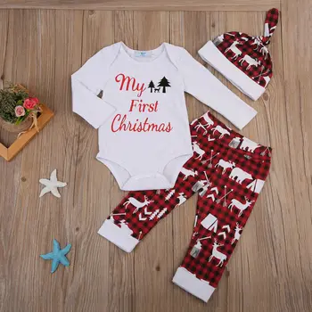 

Mein erstes Weihnachten Neugeborenes Baby Mädchen Strampler Hosen Hut Outfit Set