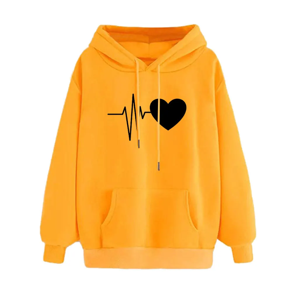 Printed Pocket Hooded Women hoodie sweatshirt Long Sleeve Cotton Electrocardiogram Print Hoodies for girls Pocket hoodie