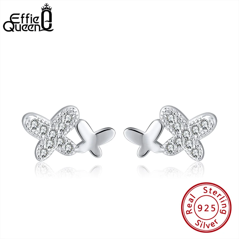 

Effie Queen Exquisite Butterfly Shape Small Stud Earrings Silver 925 with AAAA Zircon Earring Jewelry Woman Party Gift BE276