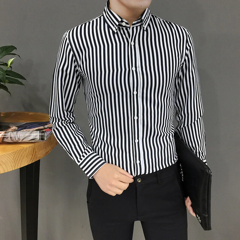 

New personality vertical stripes men's long-sleeved shirt, large size fashion Slim business youth casual shirt bottoming shirt