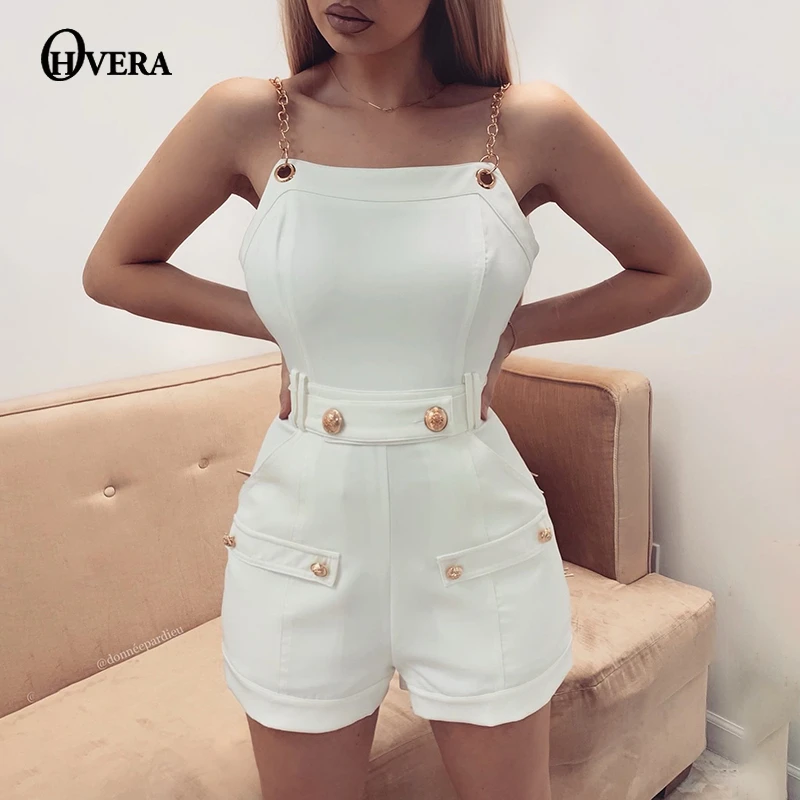 Ohvera White Playsuit Women Sexy Metal Spaghetti Strap Summer Rompers Womens Jumpsuit Overalls Streetwear