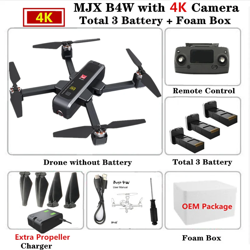 MJX B4W RC Drone GPS Drones with 5G WiFi 4K HD Camera Anti-Shake SD card GPS Optical Flow Follow Brushless Quadcopter VS X12 F11 - Цвет: Black 3B Foam Box