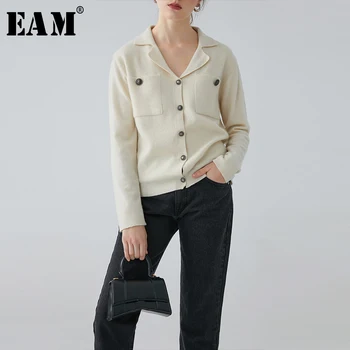 

[EAM] Button Split Joint Knitting Cardigan Sweater Loose Fit V-Neck Long Sleeve Women New Fashion Tide Spring 2020 1R074