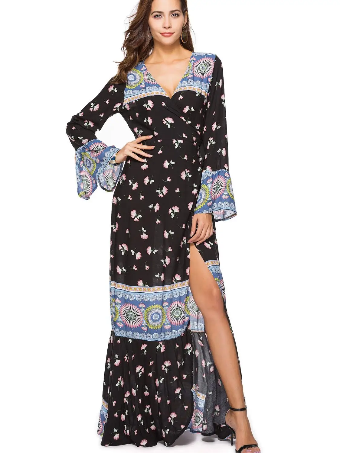 Women's Bohemian Floral Printed Wrap V Neck Short Sleeve Split Beach Party Maxi Dress | Женская одежда
