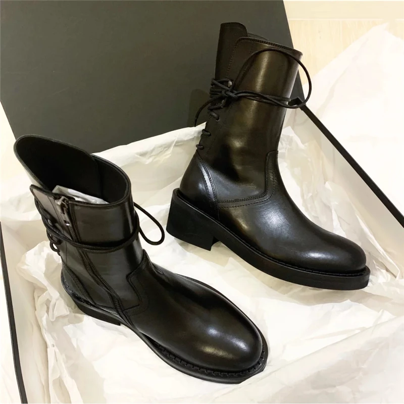 Bota Feminina/черные кожаные зимние полусапожки; Botas Mujer; военные полусапожки; женские ботинки на не сужающемся книзу массивном каблуке; zapatos De Mujer