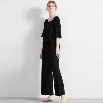 

Summer Spring Lady's Homewear set knit T-shirt and wide leg Pants Casual Pajama Sets Sleepwear suits Pijama Mujer