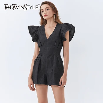

TWOTWINSTYLE Casual Patchwork Zipper Jumpsuit For Women V Neck Short Sleeve High Waist Elegant Jumpsuits Female 2020 Summer New