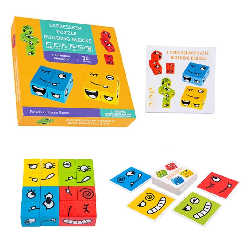 

Cartoon Face-changing Montessori Wooden Set Kids Early Education Logic Training Thinking Challenge Level Board Face Cube Game To