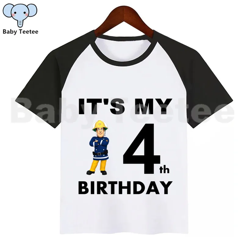 Для мальчиков и девочек с рисунками из мультфильма «Пожарный Сэм» футболка «С Днем Рождения» для детей Костюмы топы для девочек Футболка для мальчиков Дети пожарником Сэмом детская футболка «С Днем Рождения»