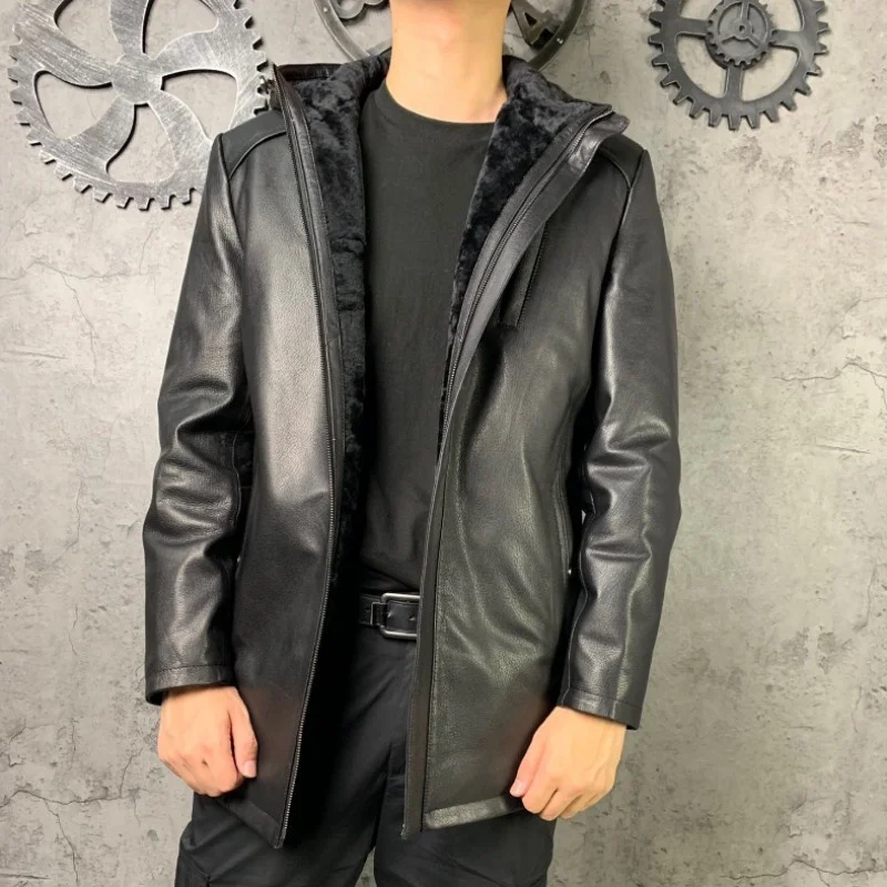 

Sheepskin Mens Genuine Leather Jacket Winter Wool Liner Business Casual Hooded Motorcycle Biker Coats Male Shearling Overcoat