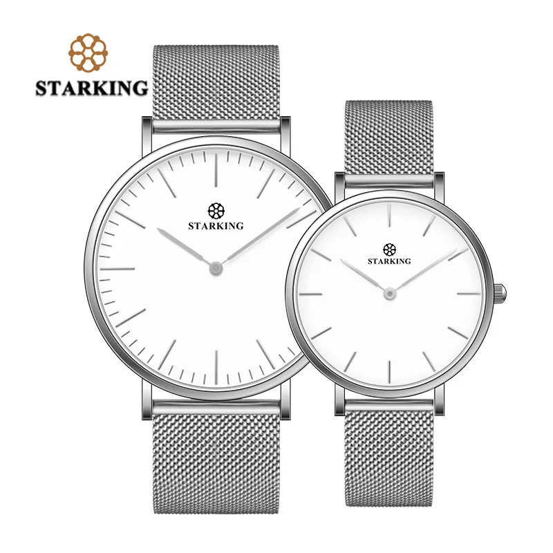 silver watches STARKING, бренд, пара часов для влюбленных, подарок, Черное золото, сетка, нержавеющая сталь, кварцевые аналоговые, водонепроницаемые, повседневные часы для влюбленных - Цвет: silver watches