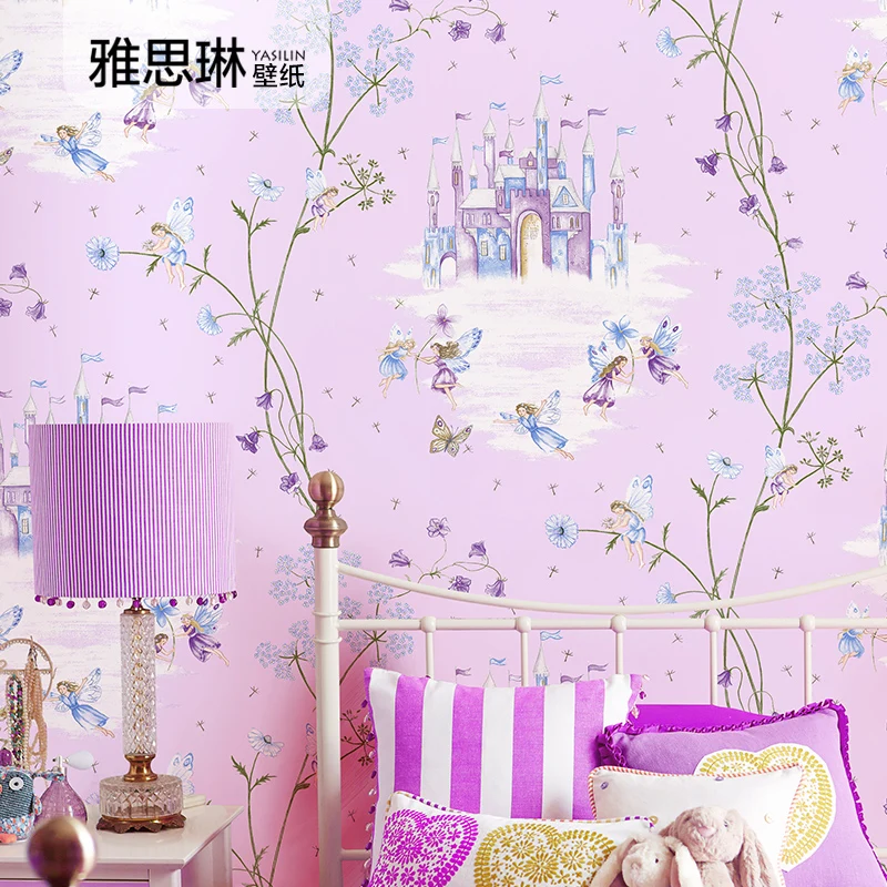 Высокое качество детская комната обои Девушка нетканые Синий Розовый обои мультфильм замок спальня комната дети принцесса розовый